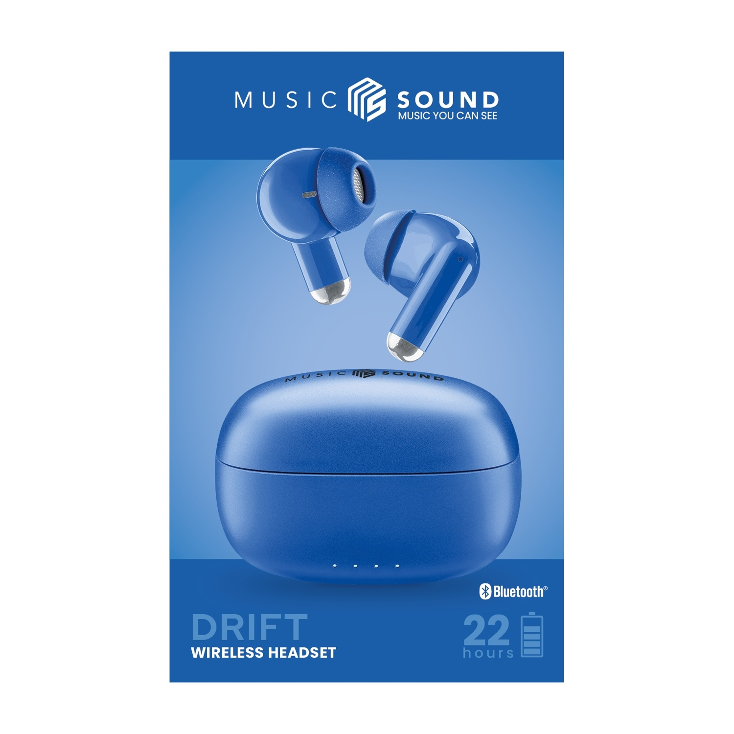 Auricolari wireless blu con custodia di ricarica, simbolo Bluetooth e 22 ore di autonomia.