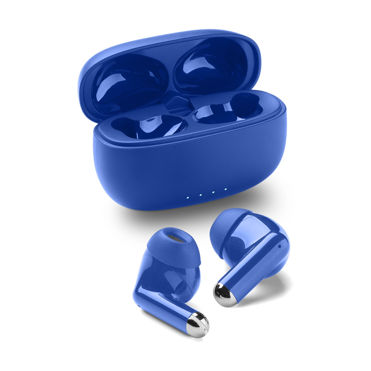 Auricolari wireless blu con custodia di ricarica aperta e due auricolari accanto.