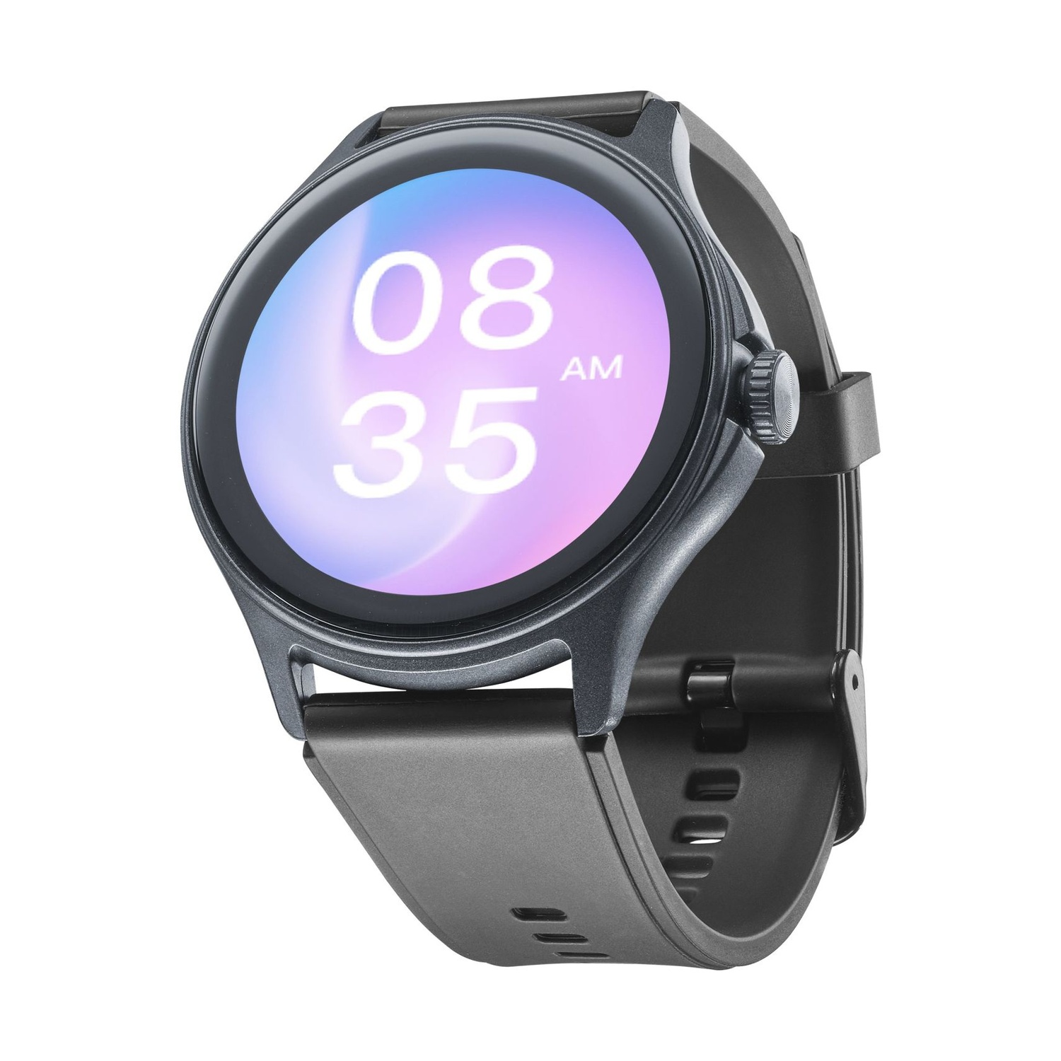 Uno smartwatch rotondo grigio scuro mostra 08:35 AM su uno schermo colorato.