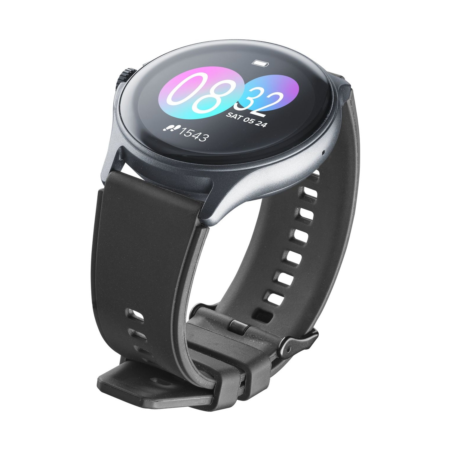 Smartwatch grigio con cinturino nero e quadrante colorato che mostra 08:32.