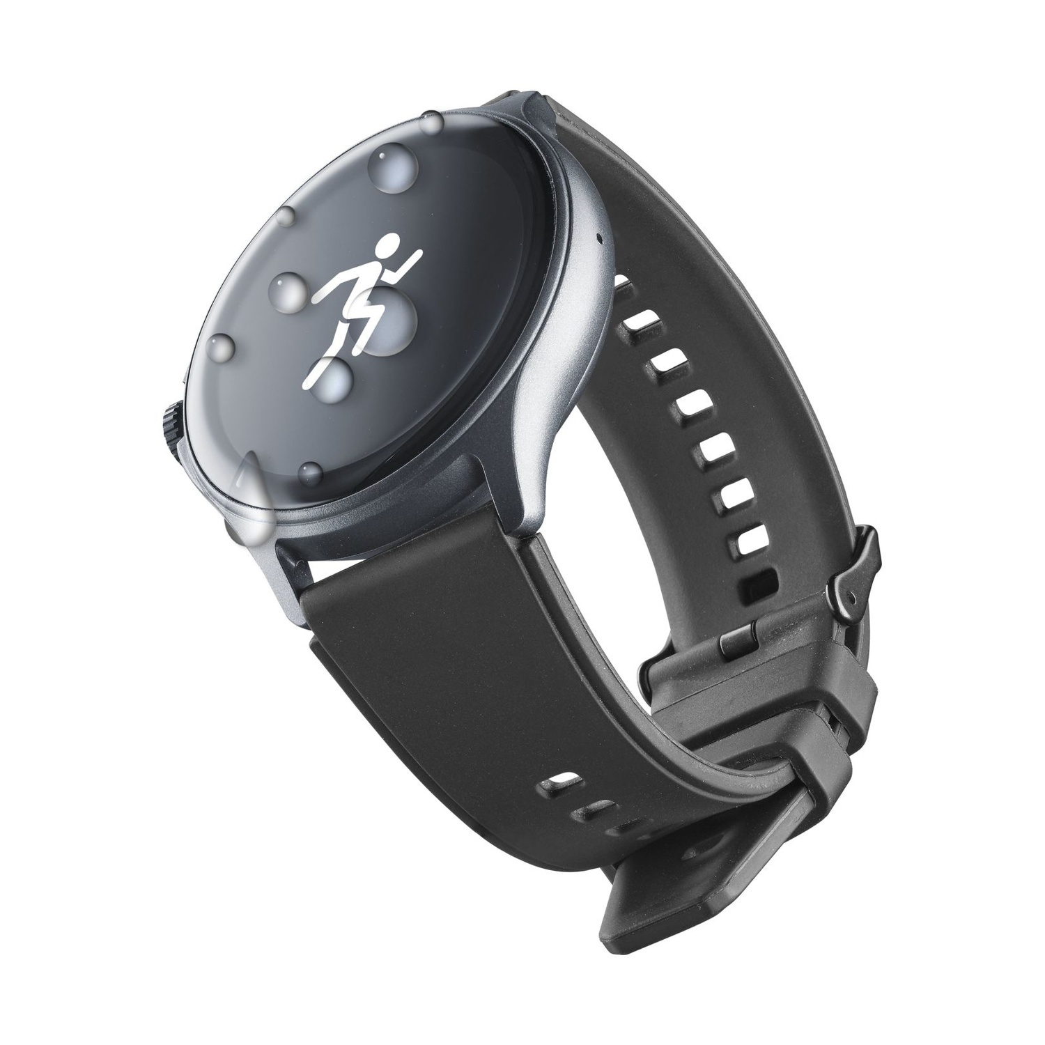 Uno smartwatch grigio con icona di corridore e gocce d'acqua sul display.