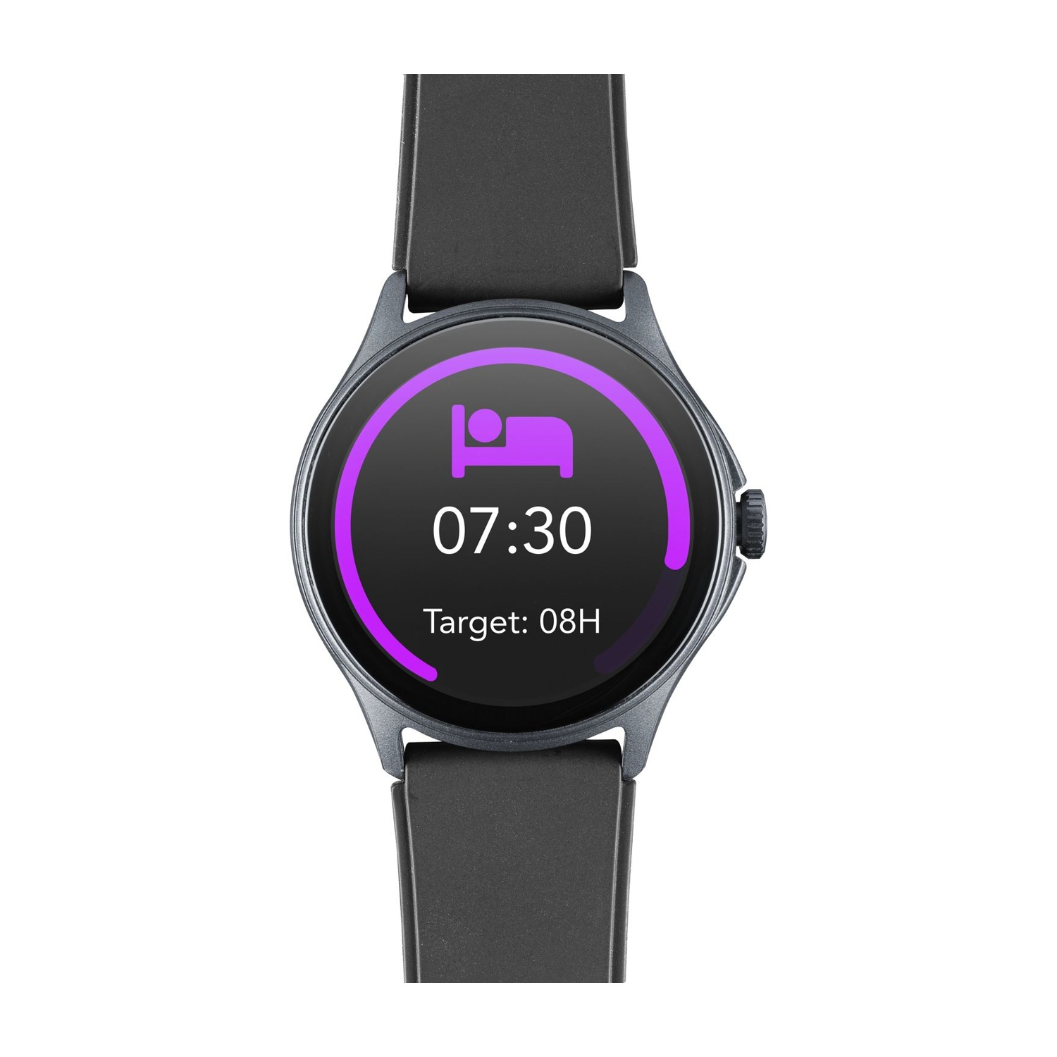 Uno smartwatch grigio mostra un cerchio viola con un'icona del letto.