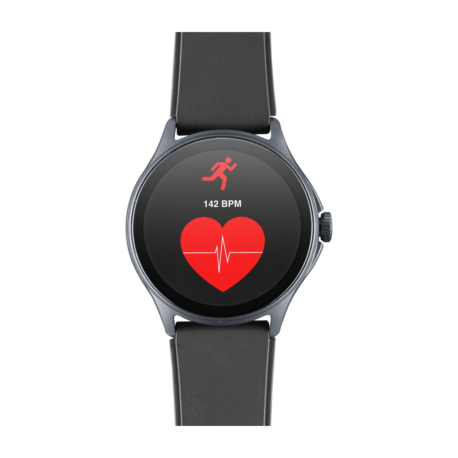 Uno smartwatch mostra un corridore e un battito cardiaco di 142 BPM.