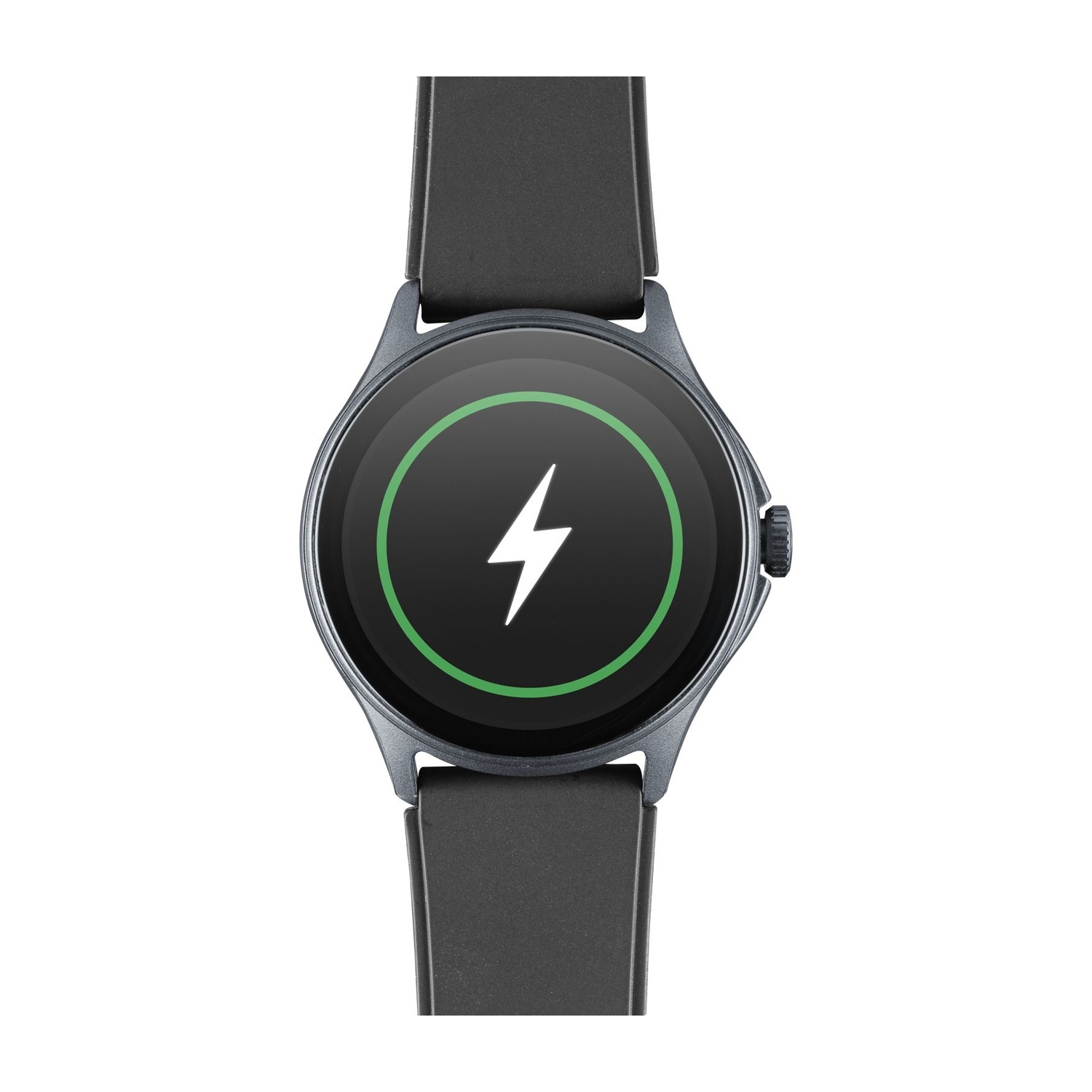 Uno smartwatch grigio con icona fulmine verde su schermo nero.