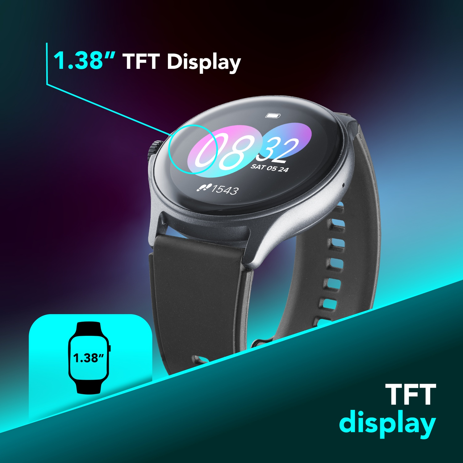 Uno smartwatch argentato con cinturino nero, display TFT da 1,38 pollici.