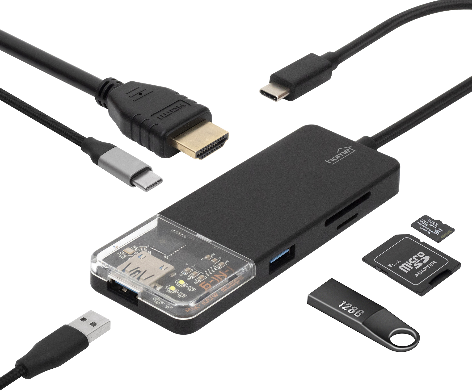 Fekete USB-C hub HDMI, USB-A, SD és microSD kártyaolvasókkal. USB meghajtóval.