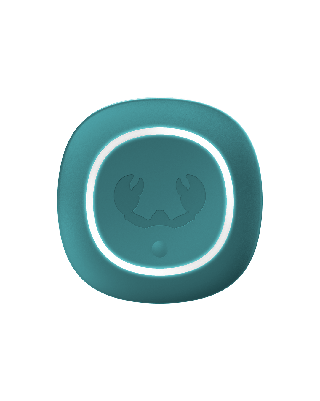 Türkisfarbenes, kreisförmiges Objekt mit weißem Ring und Krabben-Symbol.