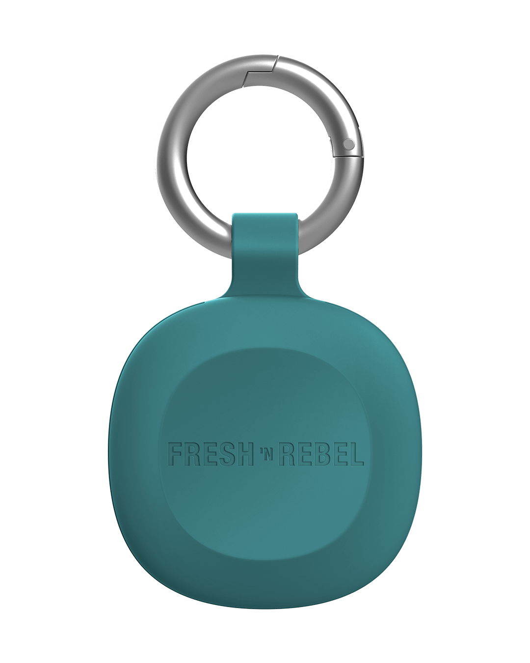 Türkisfarbene Silikonhülle mit silbernem Schlüsselring und Karabiner. Text: FRESH 'N REBEL.