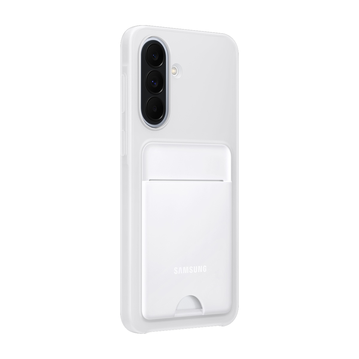 Üç kameralı ve kart yuvalı beyaz telefon kılıfı. Altta Samsung logosu.