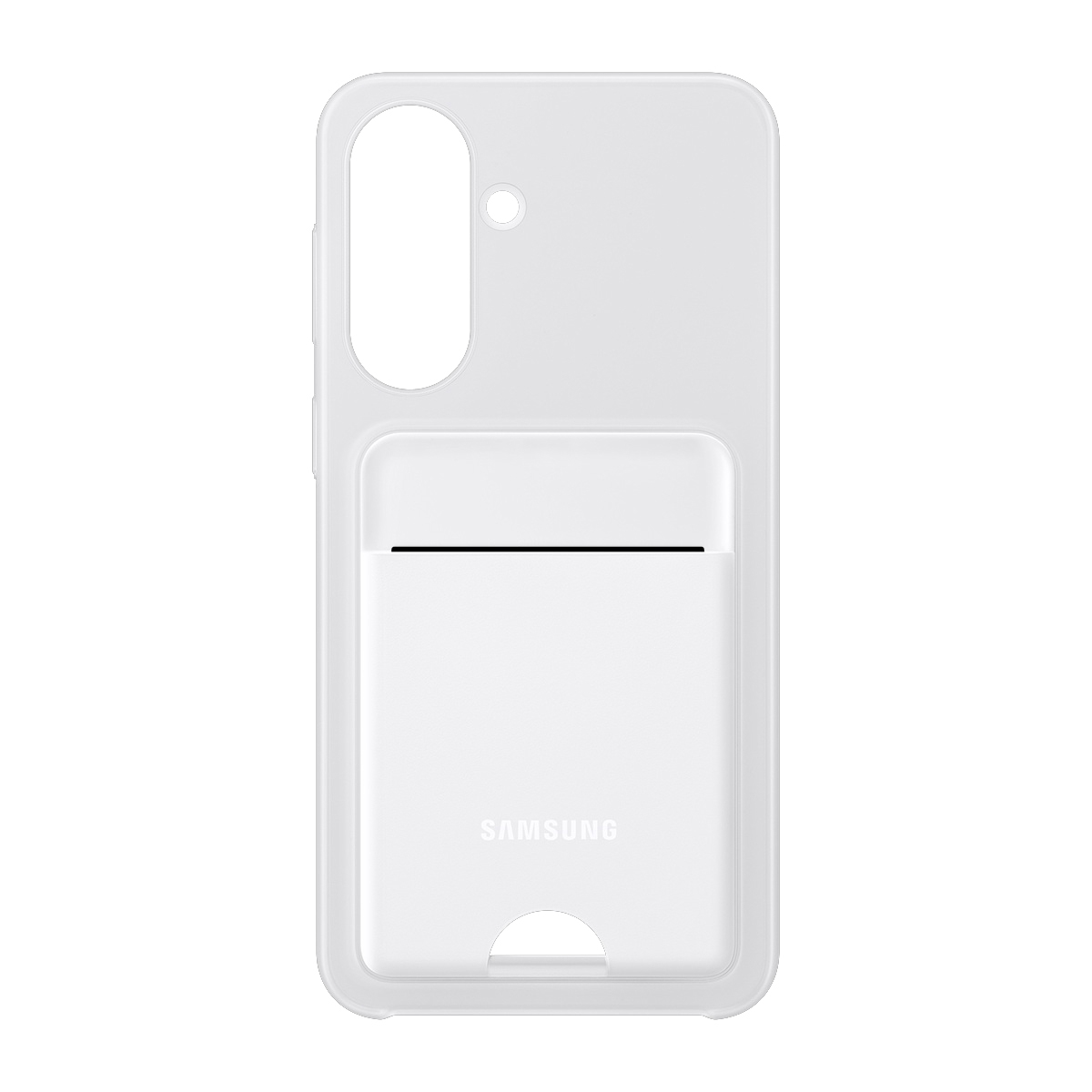 Kart yuvalı ve Samsung logolu şeffaf beyaz telefon kılıfı.