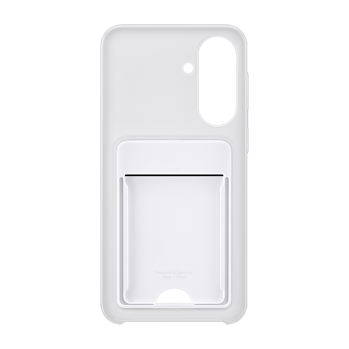 Kart yuvalı ve kamera lensi kesimli beyaz telefon kılıfı.