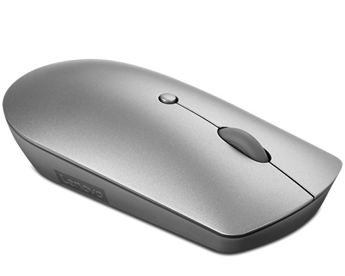 Eine silberne Lenovo-Funkmaus mit Scrollrad und Taste. Sie ist auf schwarzem Hintergrund.
