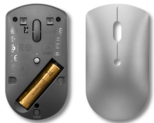 Eine Maus mit Batteriefach und eine Maus von oben.