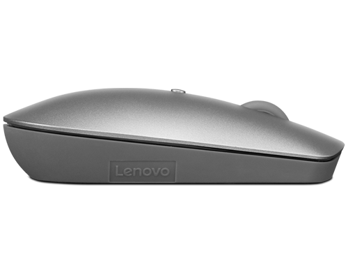 Silberne Lenovo-Maus in Nahaufnahme, seitliche Ansicht.