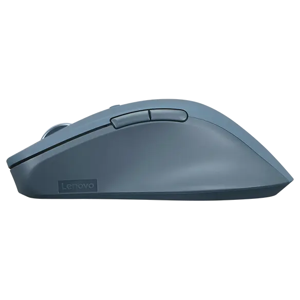 Graue Lenovo Maus mit Scrollrad und zwei Tasten, Seitenansicht.