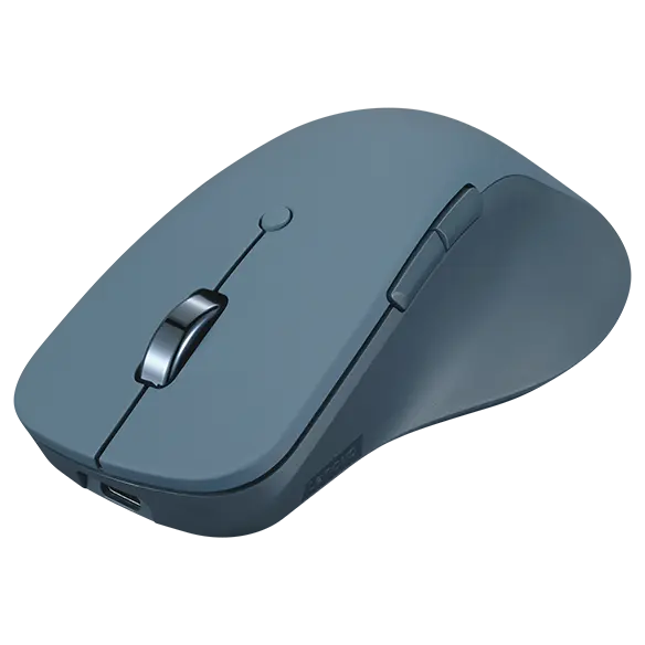 Eine graublaue Computermaus mit Scrollrad und Tasten auf schwarzem Hintergrund.