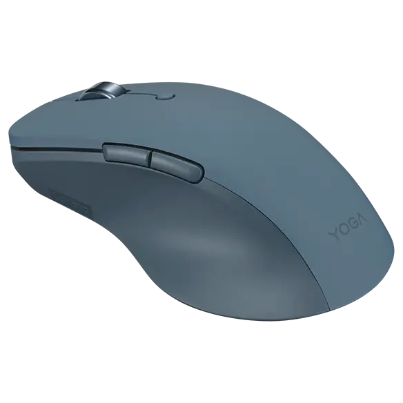 Eine graublaue kabellose Maus mit einem Scrollrad und zwei Tasten.