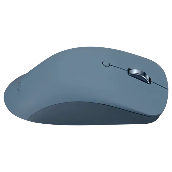 Eine graublaue Computermaus mit einem Scrollrad und einem Knopf.