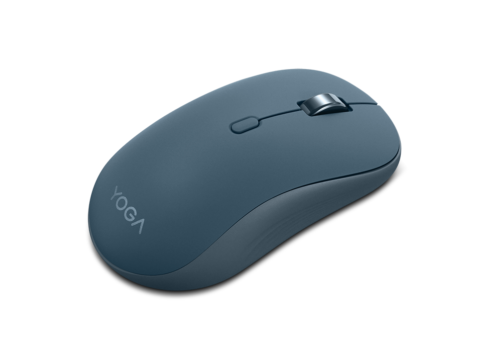 Eine blaue kabellose Maus mit einem silbernen Scrollrad und dem Aufdruck YOGA.