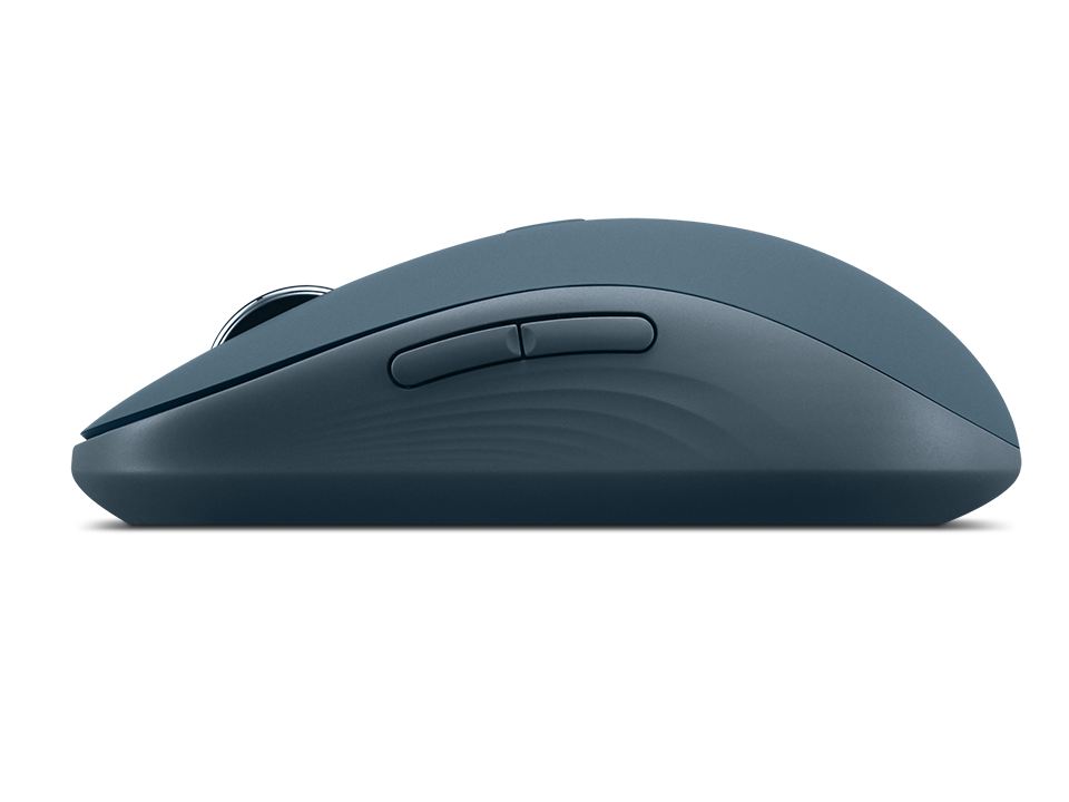 Blaue Computermaus mit zwei Tasten und Scrollrad, Seitenansicht.
