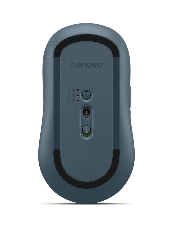Unterseite einer blauen Lenovo-Maus mit DPI-Einstellungen und Ein/Aus-Schalter.