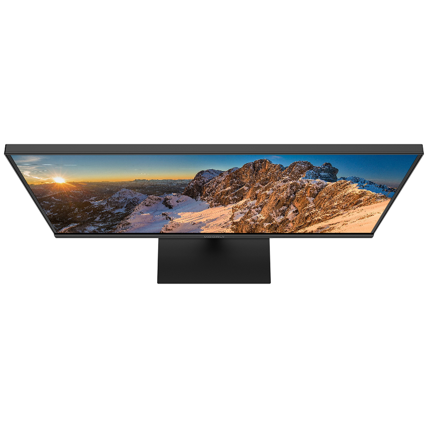 Een zwarte monitor toont een bergachtig landschap bij zonsopgang.