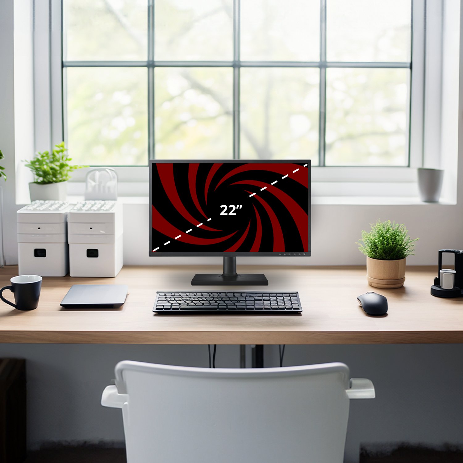 Bureau met monitor, toetsenbord, muis en koffiekopje. Achtergrond met raam.