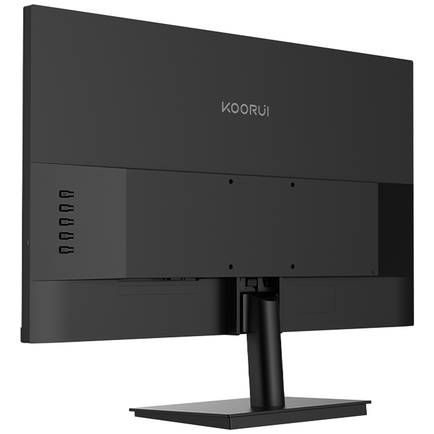 Achterkant van een zwarte monitor met KOORUI-logo en poorten.