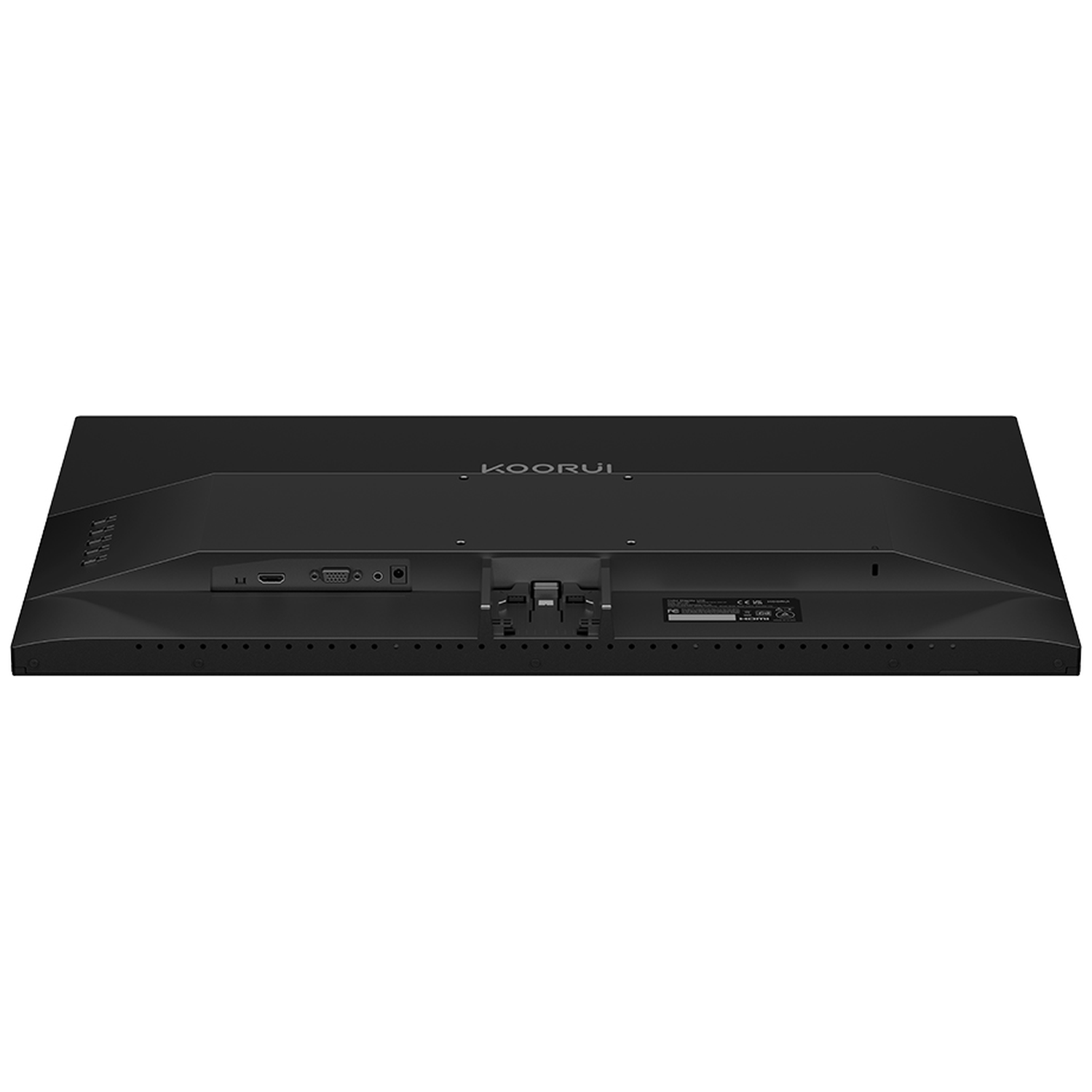 Achterkant van een zwarte monitor met poorten zoals HDMI en VGA.