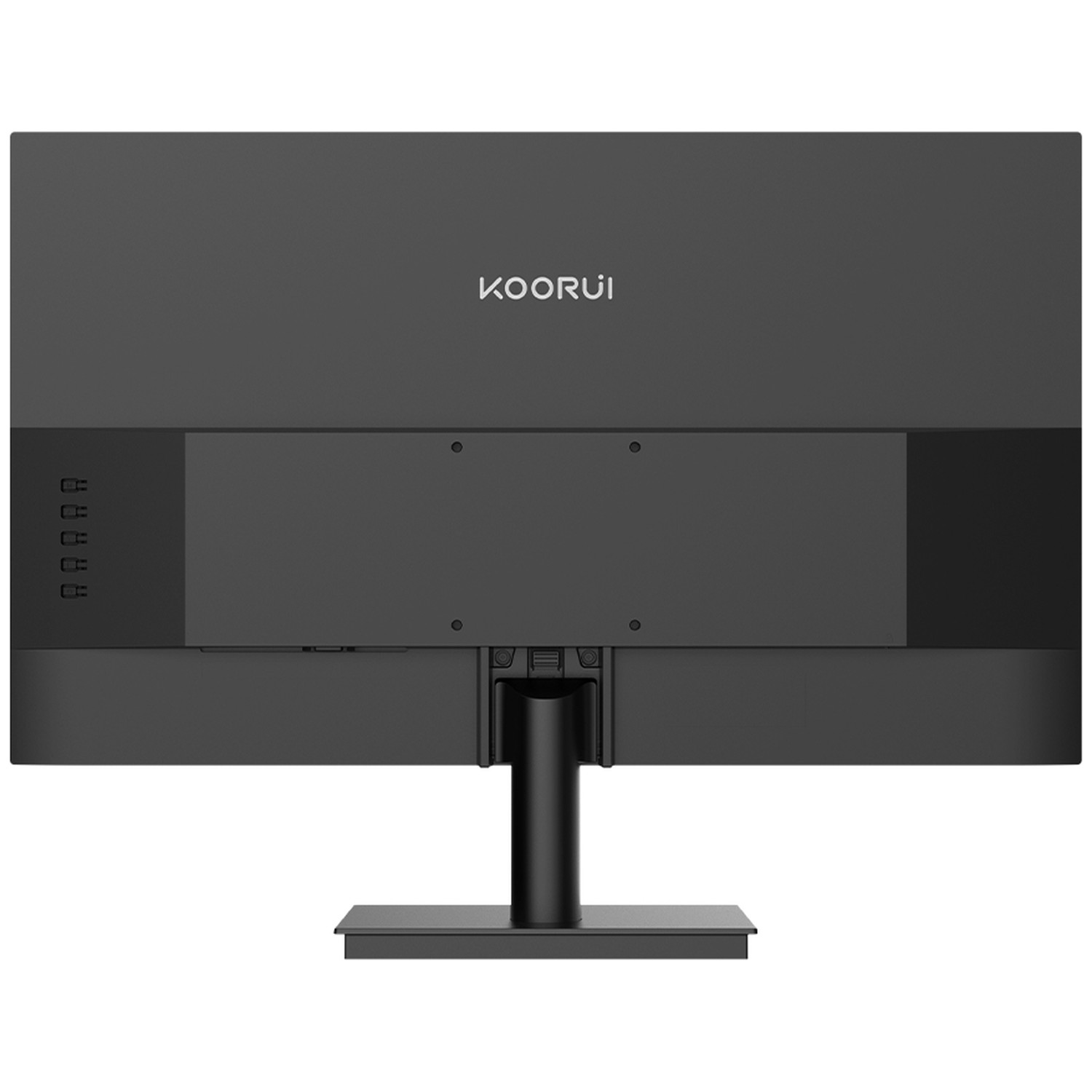 Achterkant van een zwarte monitor met KOORUI-logo en poorten.