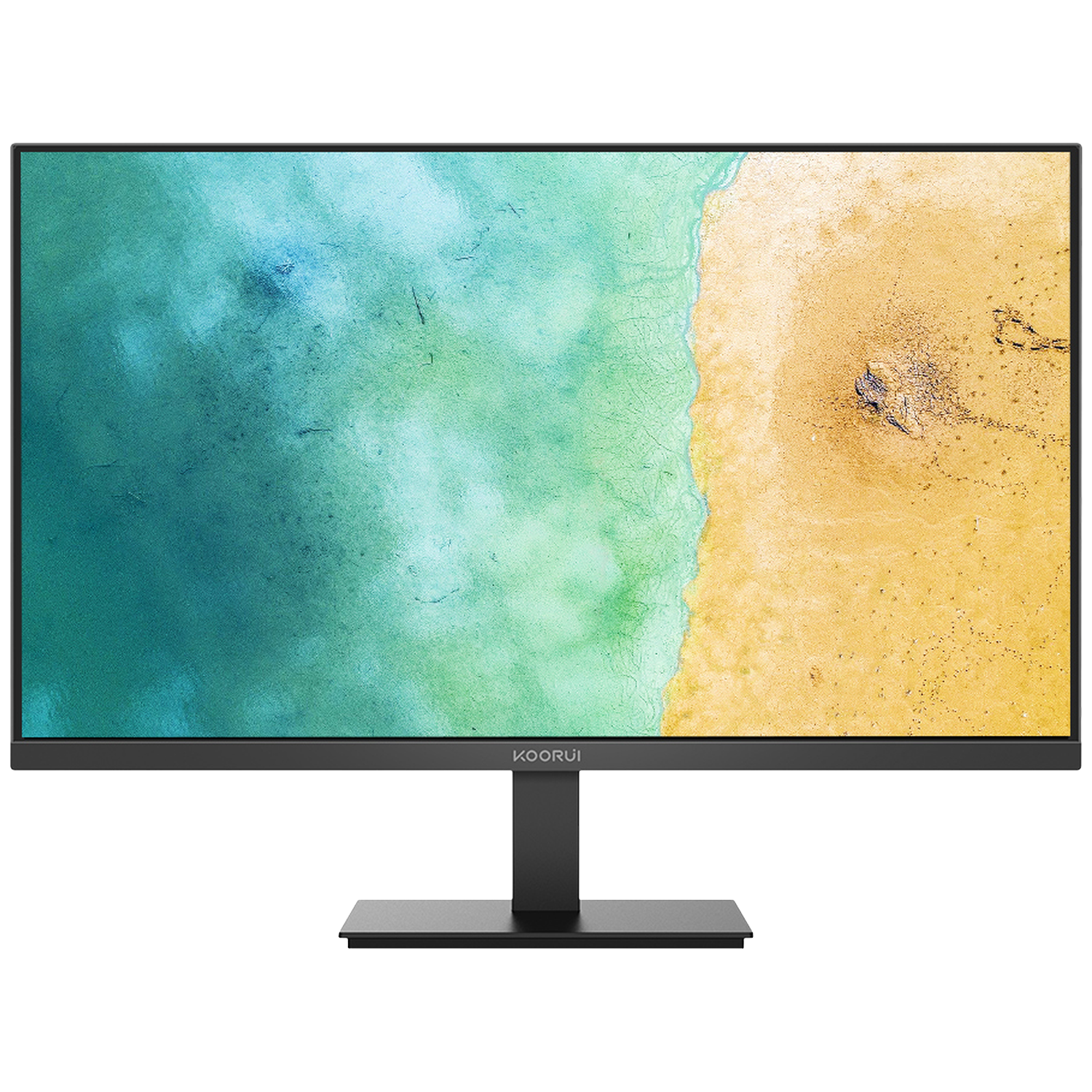 A computer monitor displaying a beach scene. The screen shows a coastline with teal water and yellow sand.