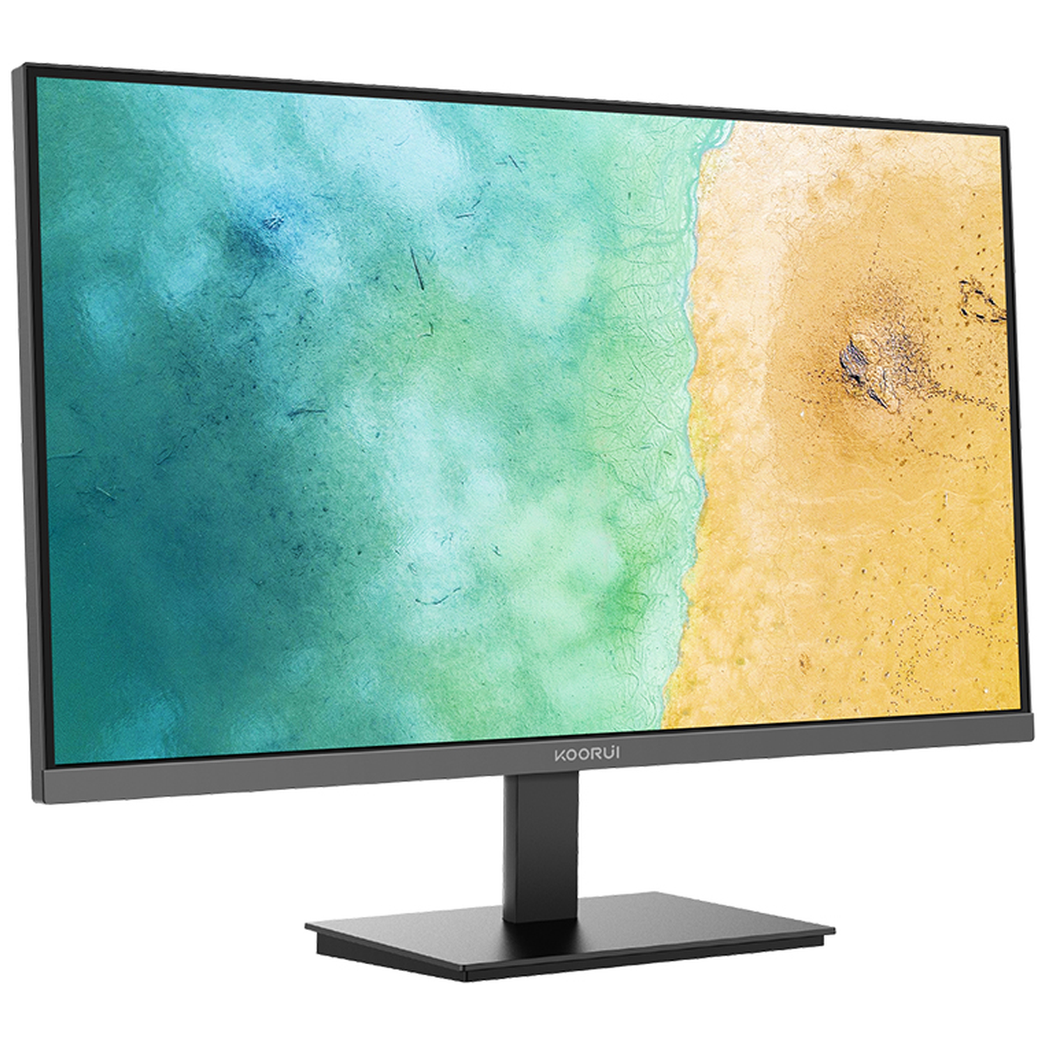 A monitor displaying a scene of a coastline, transitioning from teal water to a sandy beach.