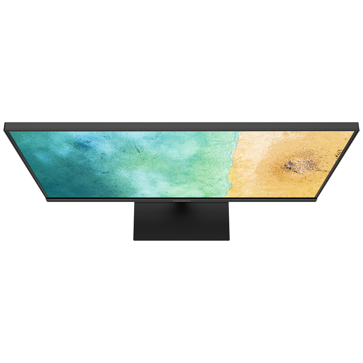 A black monitor displays an image of a beach with turquoise water and sand.