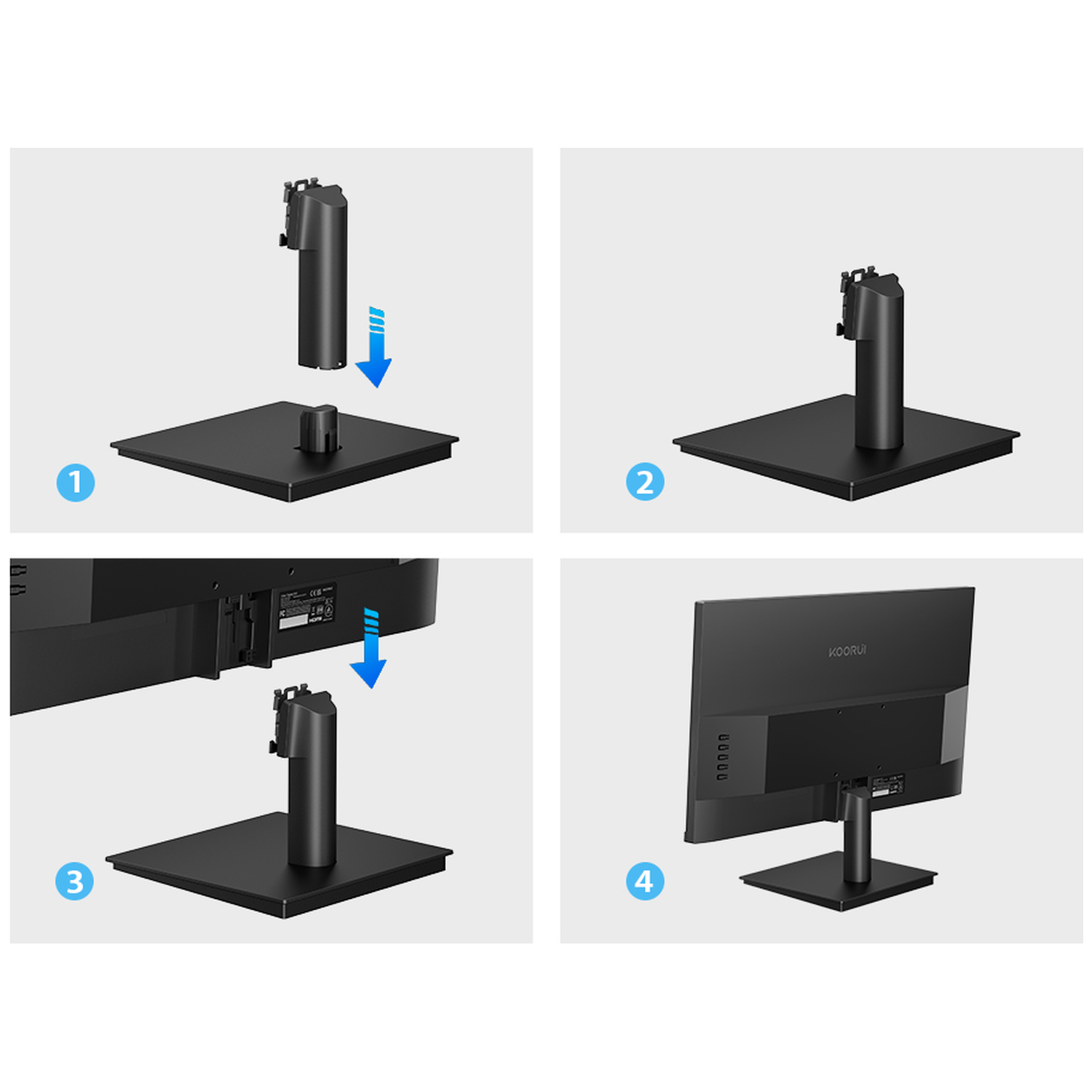 Instructies: Monitorstandaard bevestigen. 1. Standaard op voet plaatsen. 2. Standaard bevestigd. 3. Monitor aan standaard bevestigen. 4. Monitor staat.