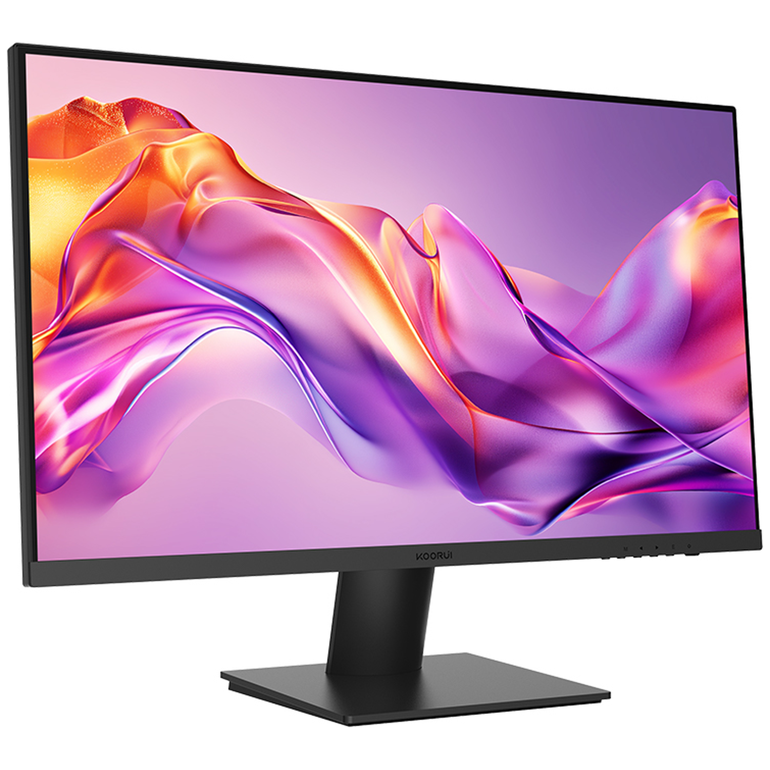 Een zwarte monitor met een abstracte, kleurrijke achtergrond in oranje en paarse tinten.