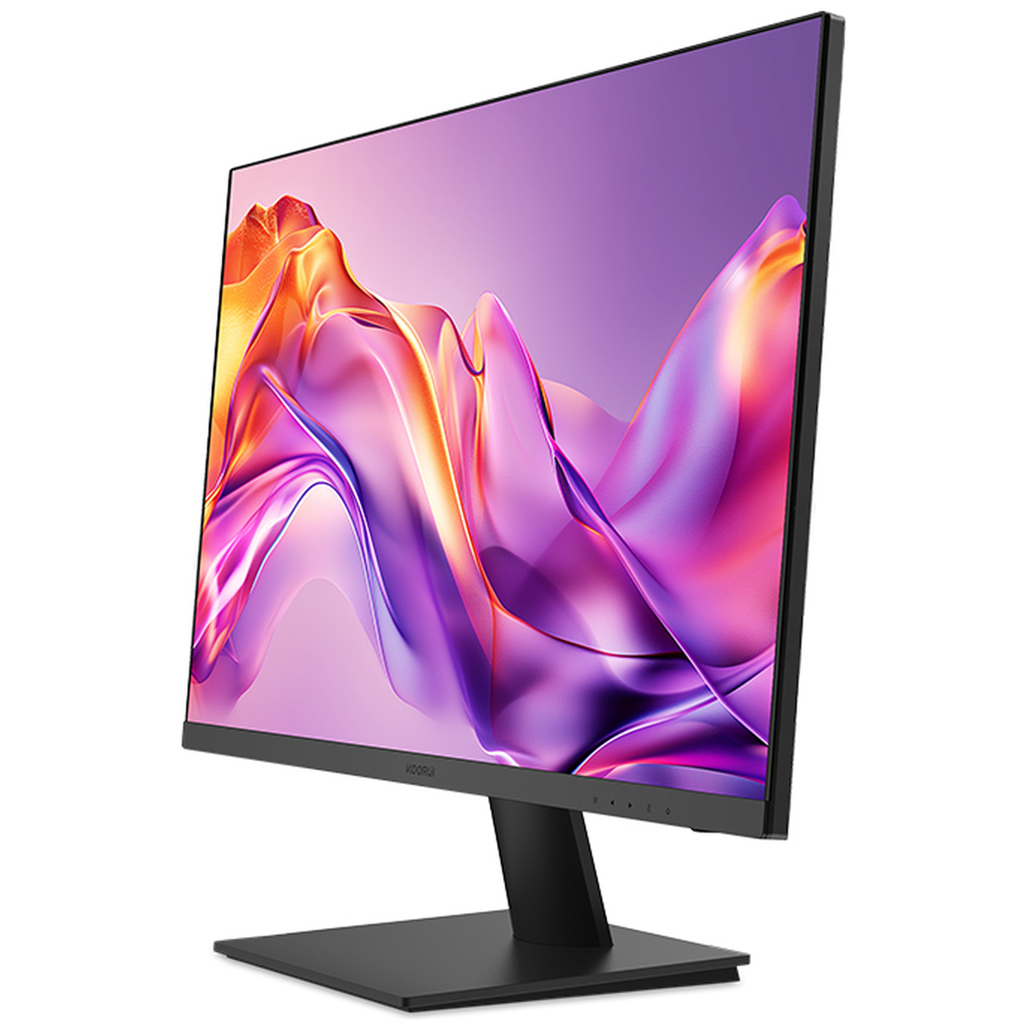 Een zwarte computermonitor met een kleurrijk, abstracte afbeelding op het scherm.