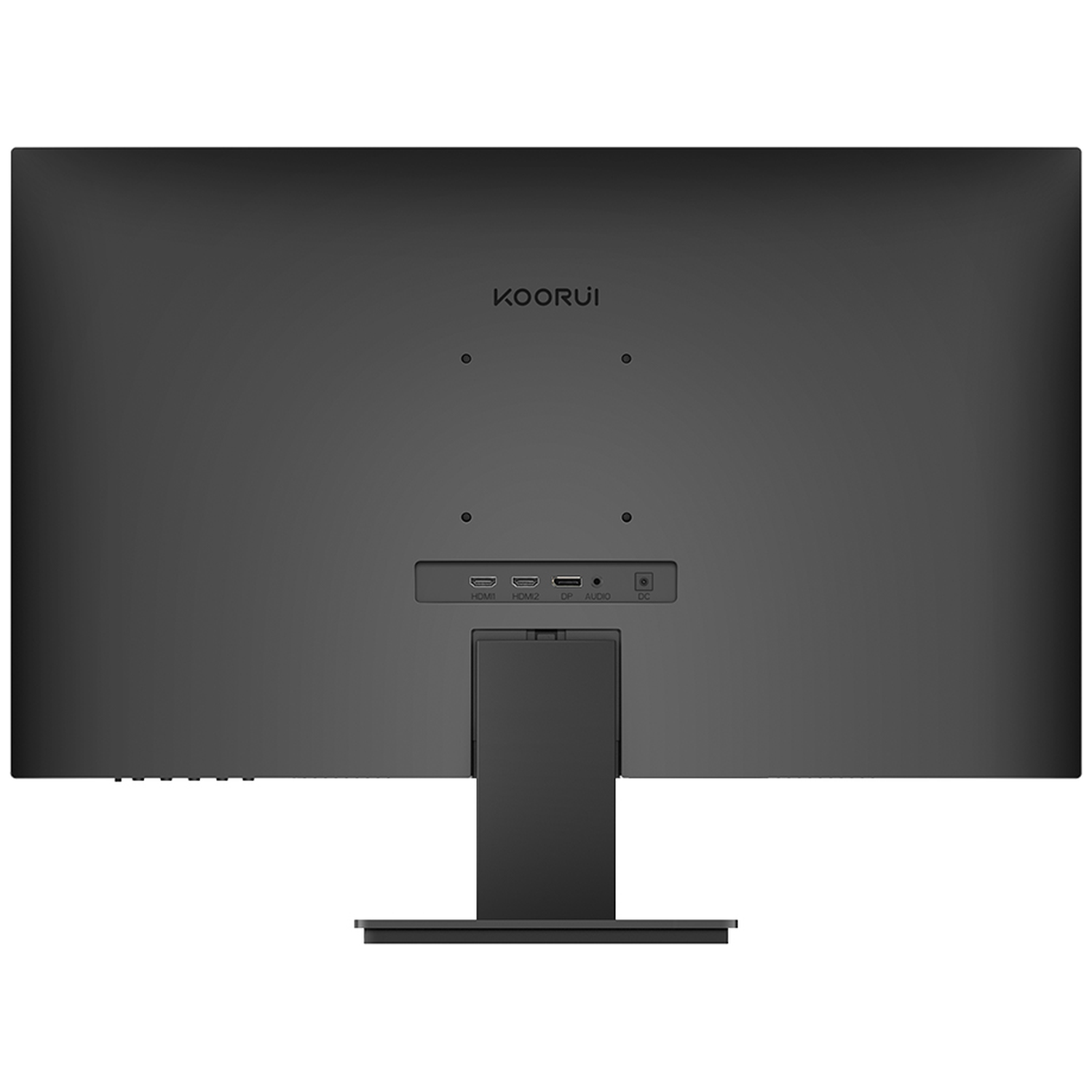 Achterkant van een zwarte computermonitor met poorten: HDMI, DP, Audio, DC.