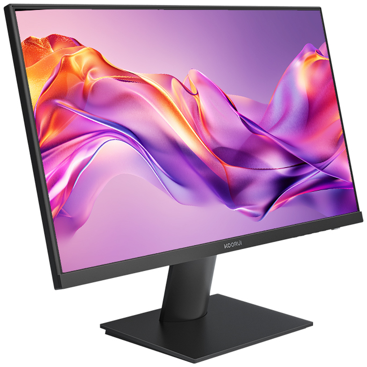 Een zwarte monitor met kleurrijke, abstracte achtergrondafbeelding.