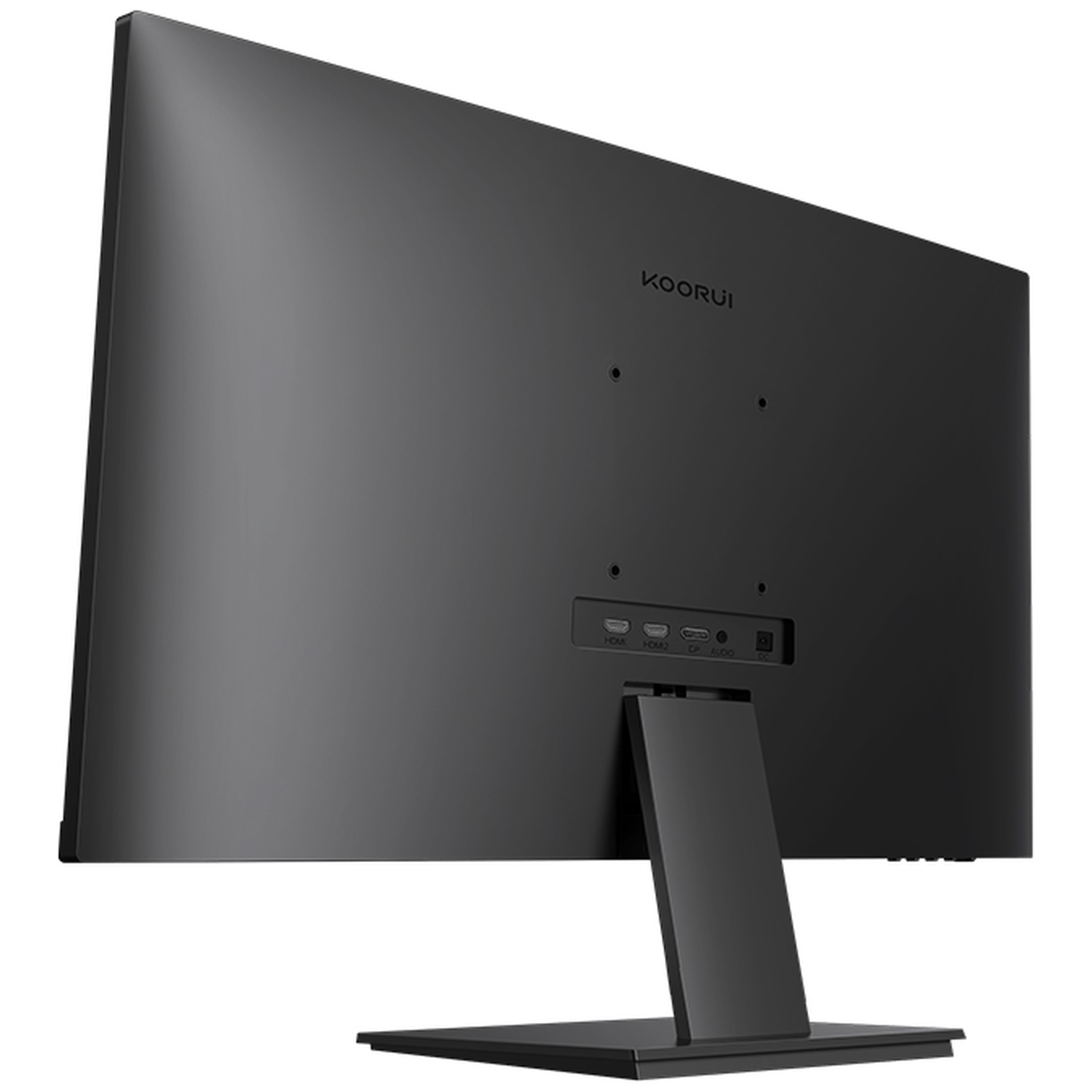 Achterkant van een zwarte monitor met KOORUI-logo en poorten.