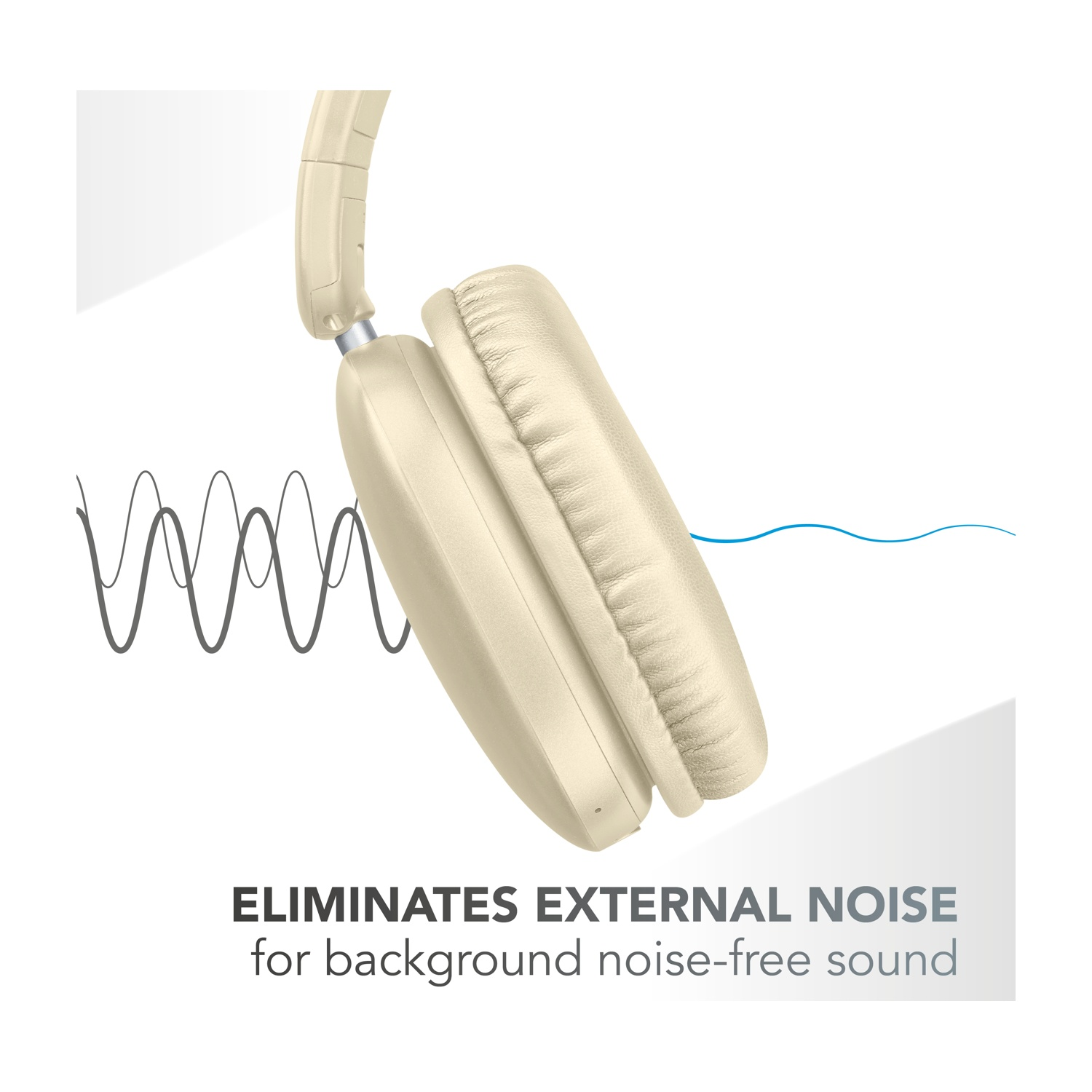 Cuffie beige con illustrazione di onde sonore che indicano l'eliminazione del rumore.