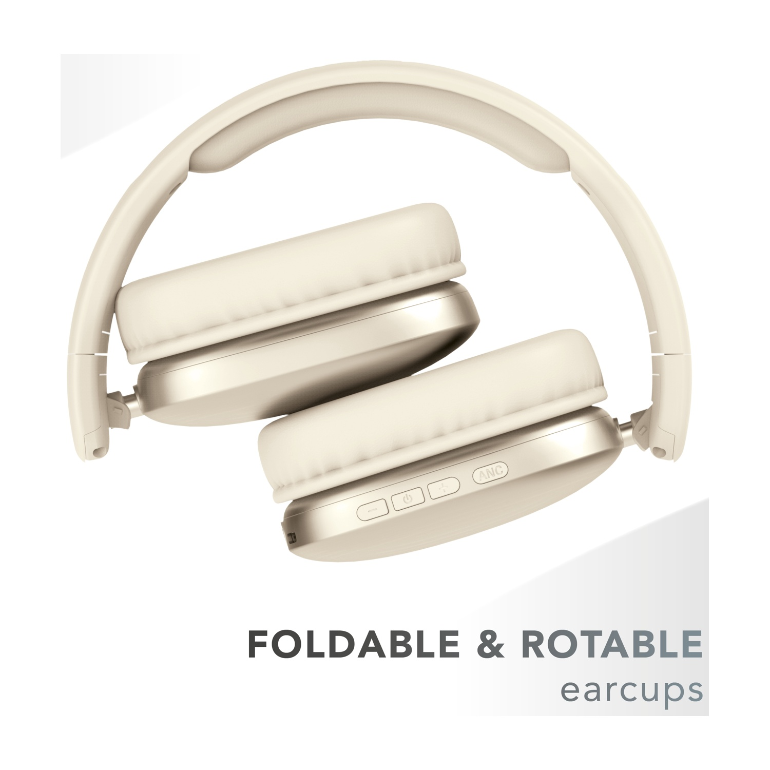 Cuffie beige con padiglioni pieghevoli e rotanti su sfondo bianco.