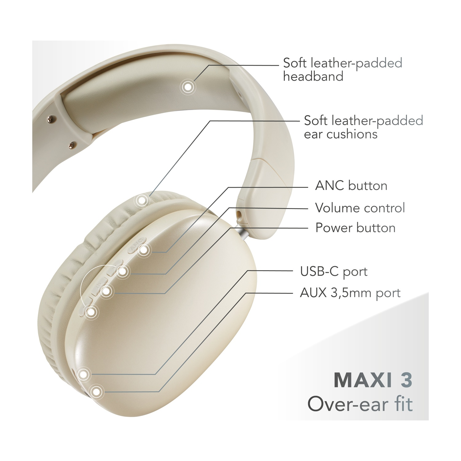 Cuffie beige over-ear con imbottitura in pelle, pulsanti e porte.