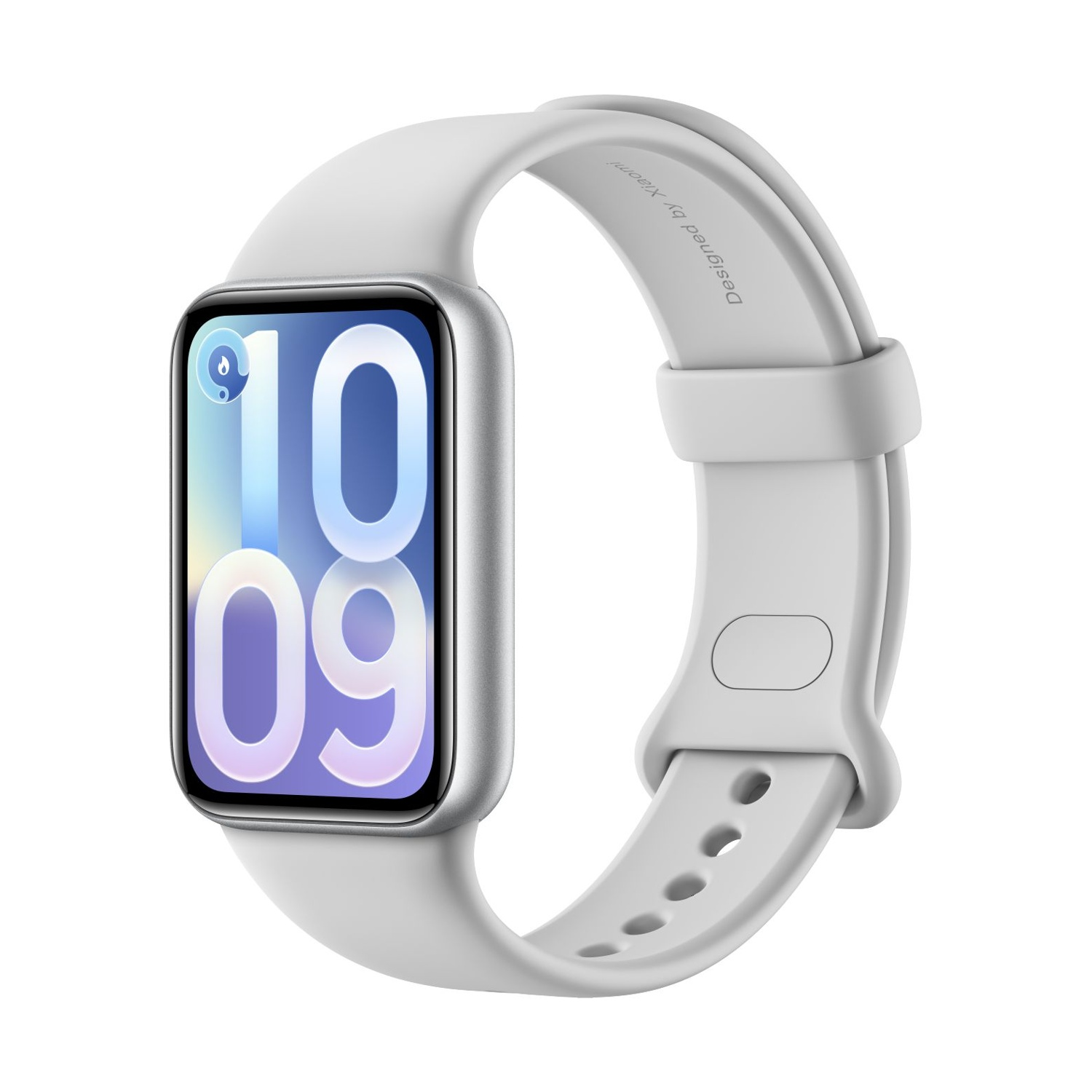 Uno smartwatch bianco con cassa argentata e display che mostra le 10:09.