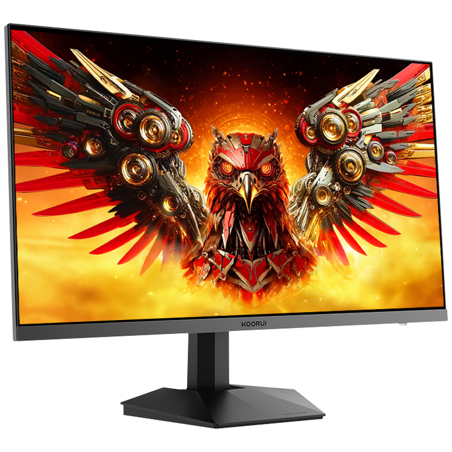 A computer monitor displays an image of a mechanical eagle with red and gold wings against a fiery background.