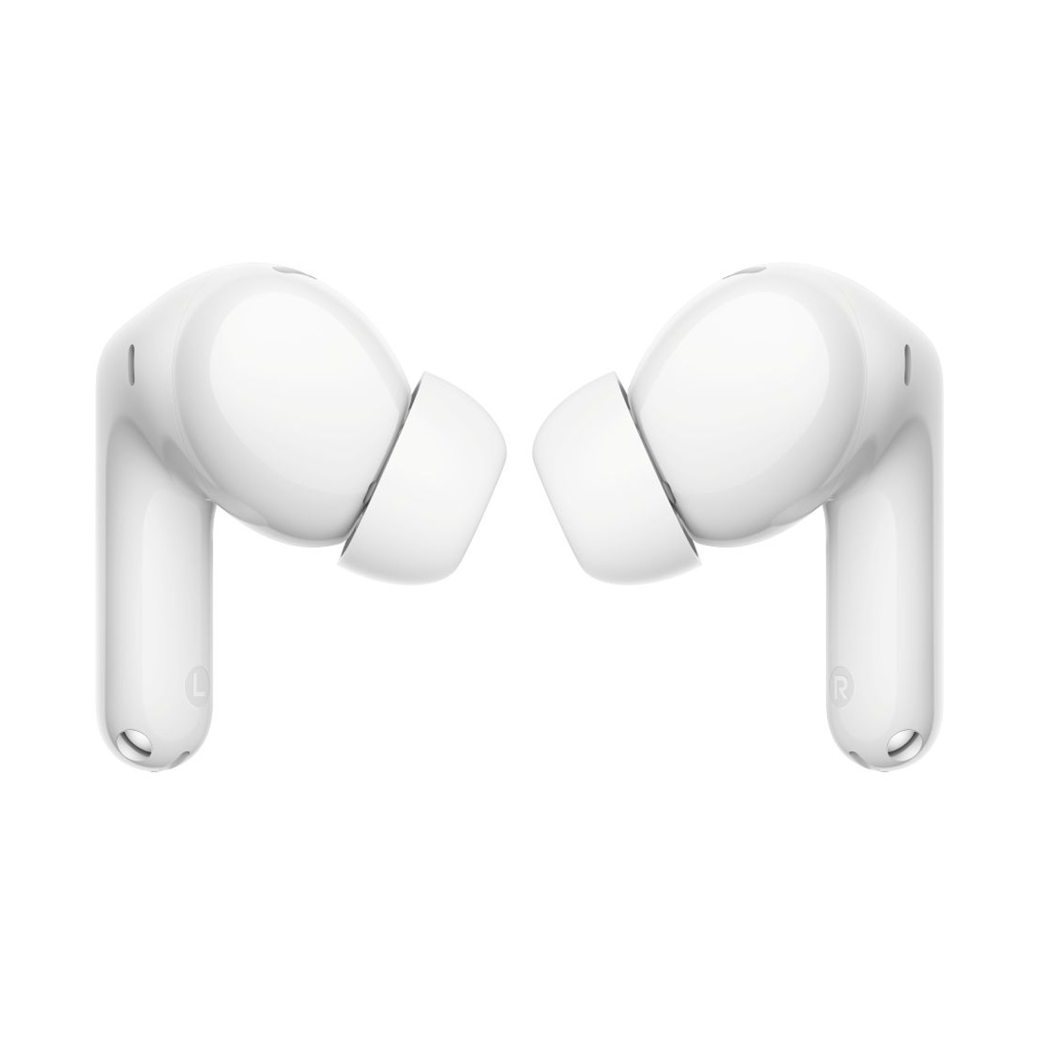 Due auricolari wireless bianchi con segni L e R su sfondo bianco.