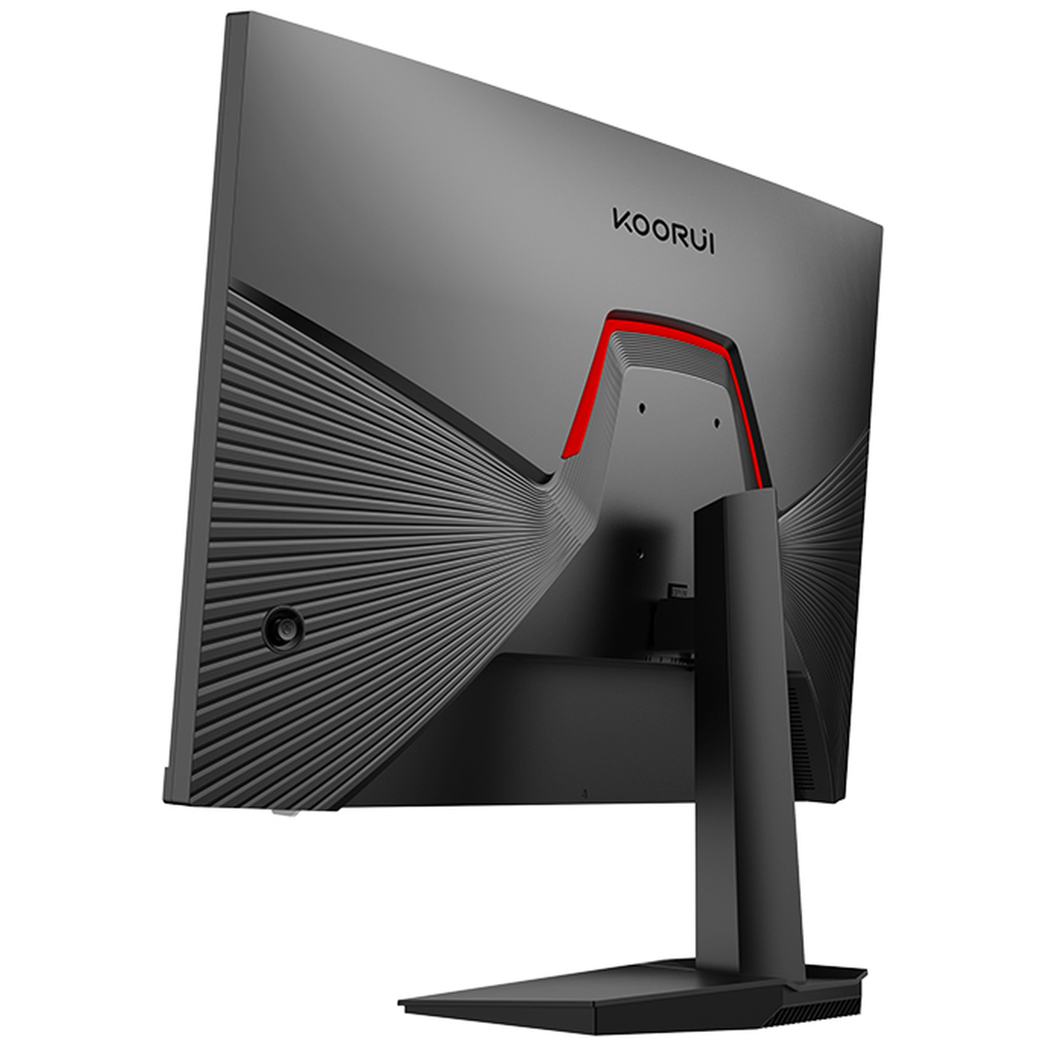 Back view of a black monitor with red accent and ventilation slits.