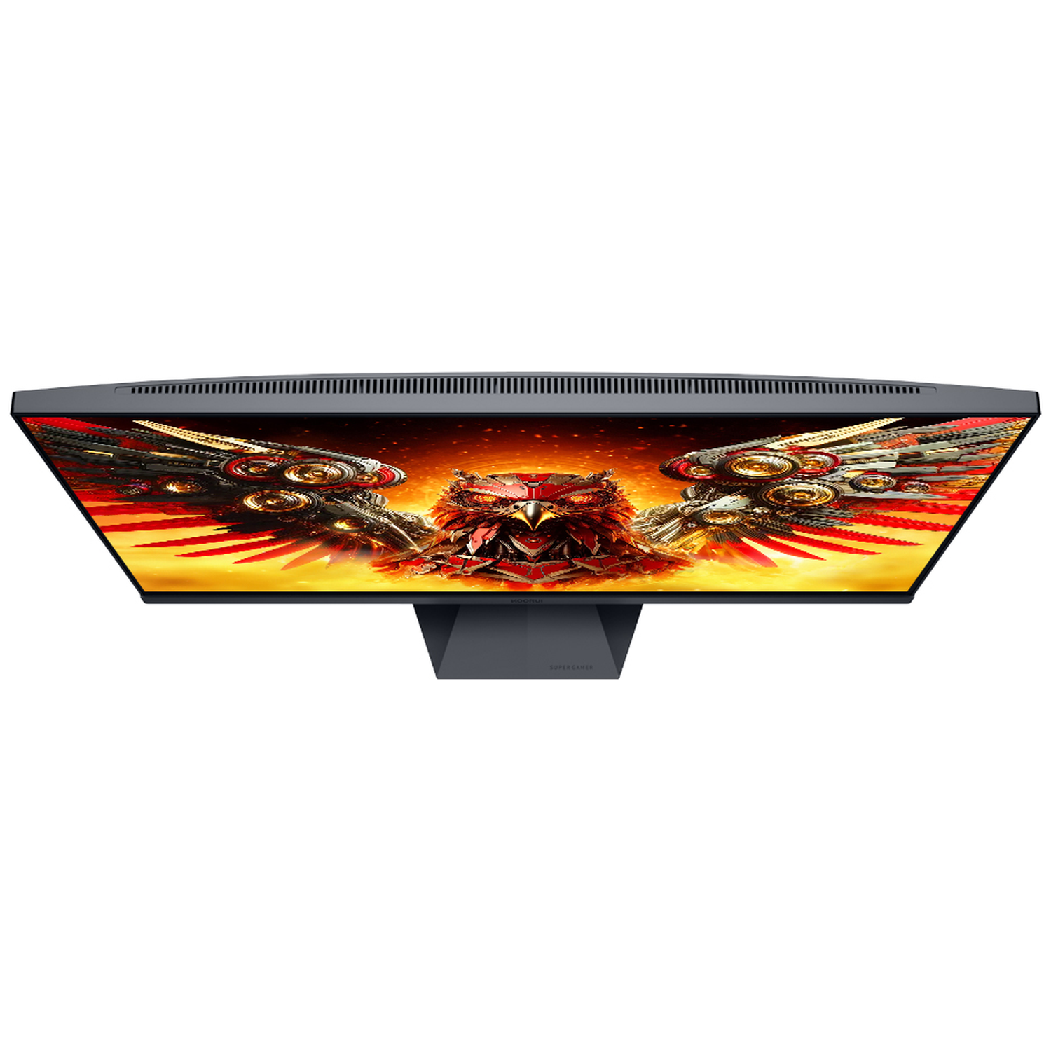 A monitor displays a fiery eagle image with mechanical wings.
