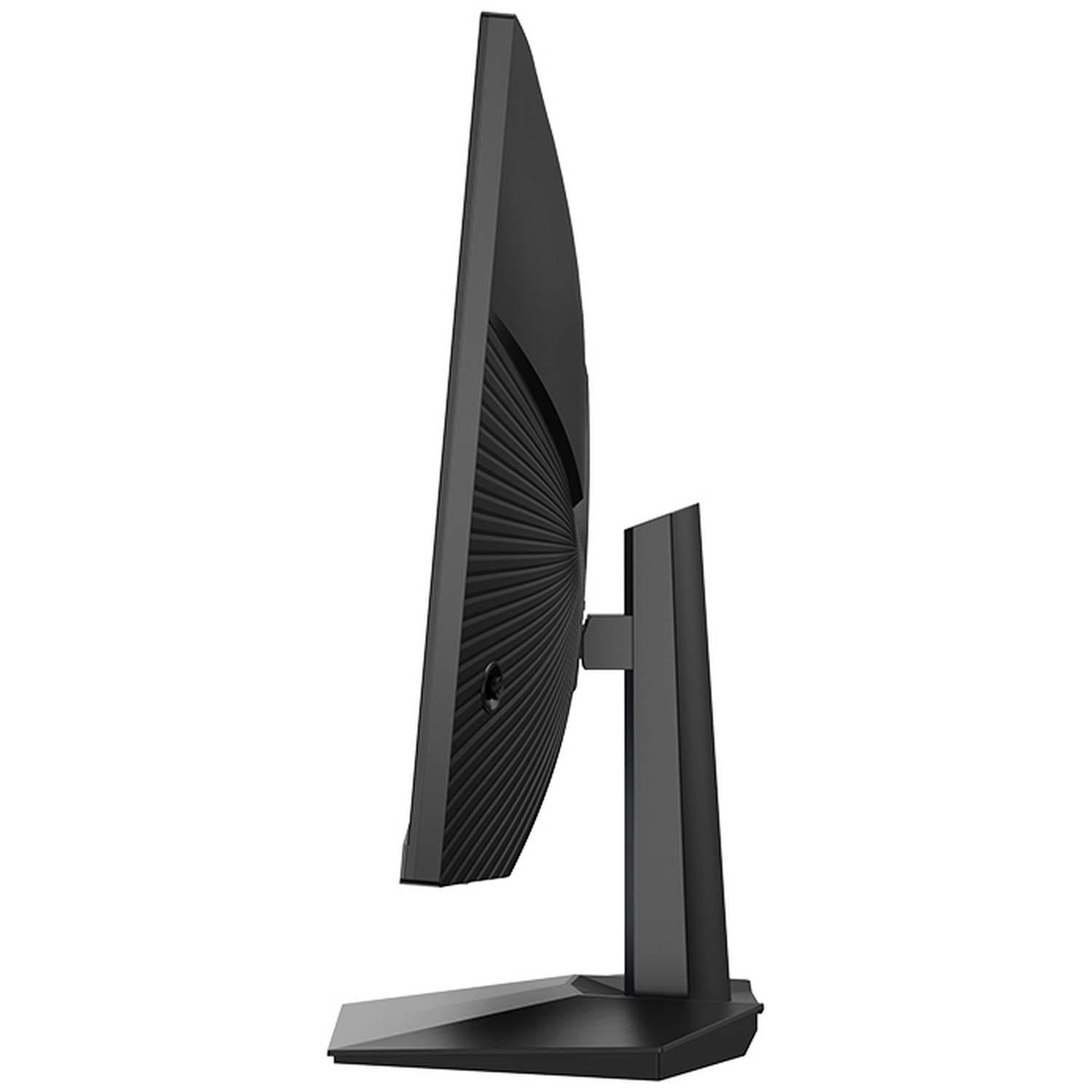 A black monitor with a ribbed casing and a sturdy base.