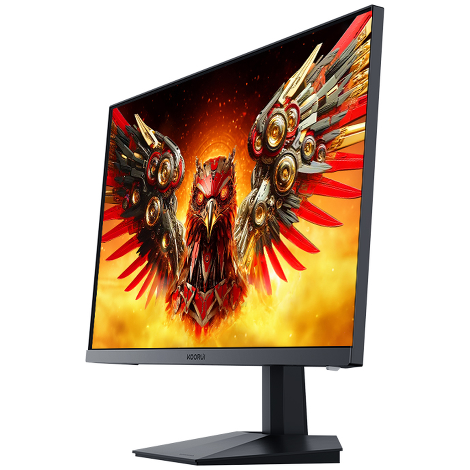 A monitor displays a fiery eagle image with mechanical wings on an orange background.