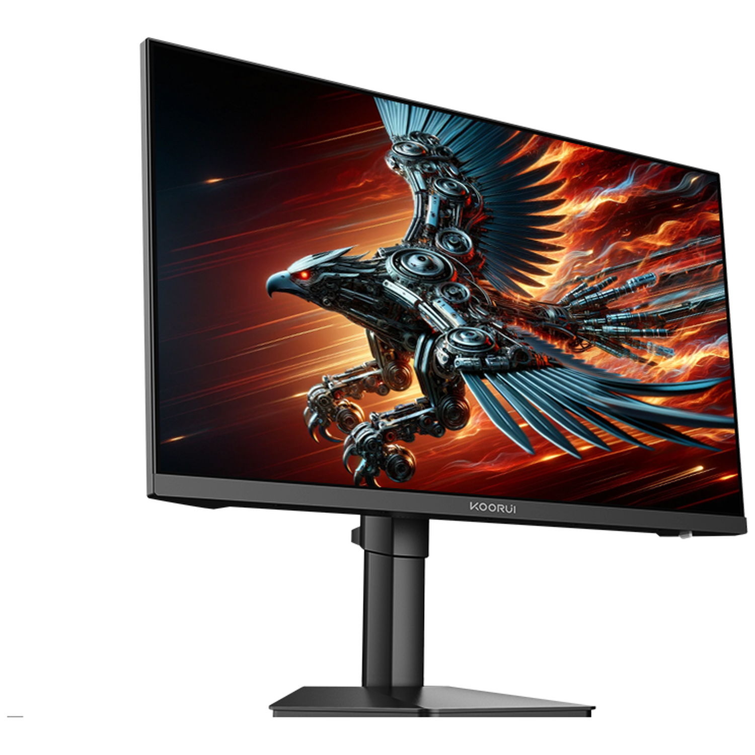 A KOORUI monitor displays a mechanical eagle with red eyes against a fiery background.
